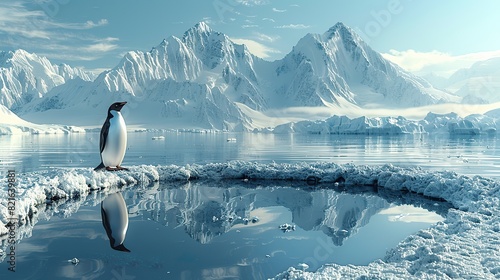 A glacier melting into a puddle of water with a stranded penguin conceptual illustration of the rapid ice melt and its impact on Antarctic ecosystems.