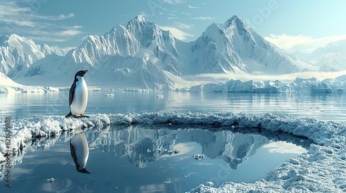 A glacier melting into a puddle of water with a stranded penguin conceptual illustration of the rapid ice melt and its impact on Antarctic ecosystems. photo