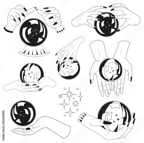 Hand drawn design set witchy magic crystal ball in hads of fortune teller. Tattoo, poster or altar print concept, esoteric, wicca, occult and gothic background
