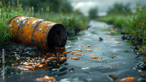 An oil barrel leaking into a river with dead fish floating conceptual illustration of pollution and its catastrophic effects on marine life.