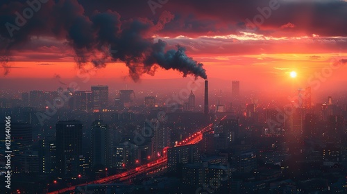 A factory chimney spewing black smoke into the sky darkening a city conceptual illustration of industrial pollution contributing to air quality degradation and climate change.