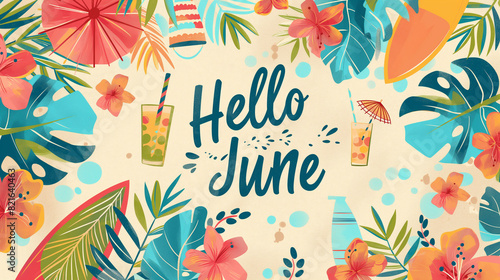 Background featuring summer elements like surfboards  beach umbrellas  and cocktails on the sides  in the center the text  Hello June  in bold  modern font
