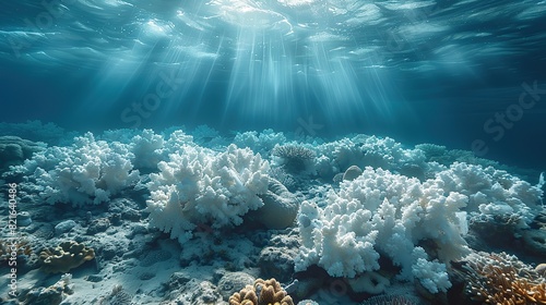 Fototapeta Naklejka Na Ścianę i Meble -  A coral reef bleaching and turning white with lifeless marine creatures conceptual illustration of ocean warming and its devastating effects on coral ecosystems.