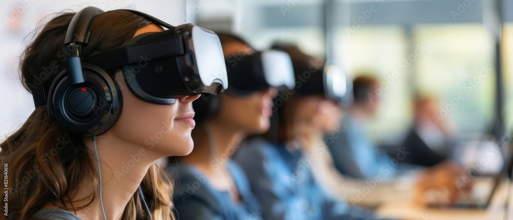 Customer service training with VR, close up, immersive skill development, vibrant, Overlay, conference room backdrop Customer service training with VR, close up, immersive skill development, vibrant, Overlay, conference room backdrop