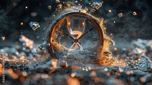 A broken hourglass with sand spilling over a clock representing dwindling time conceptual illustration of the urgency in addressing climate change. photo