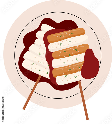 Sotteok or Korean Rice Cake Skewers. Vector illustration of traditional Korean street food rice cake skewers with sausage or Sotteok. Traditional korean street food rice cake skewers.  photo