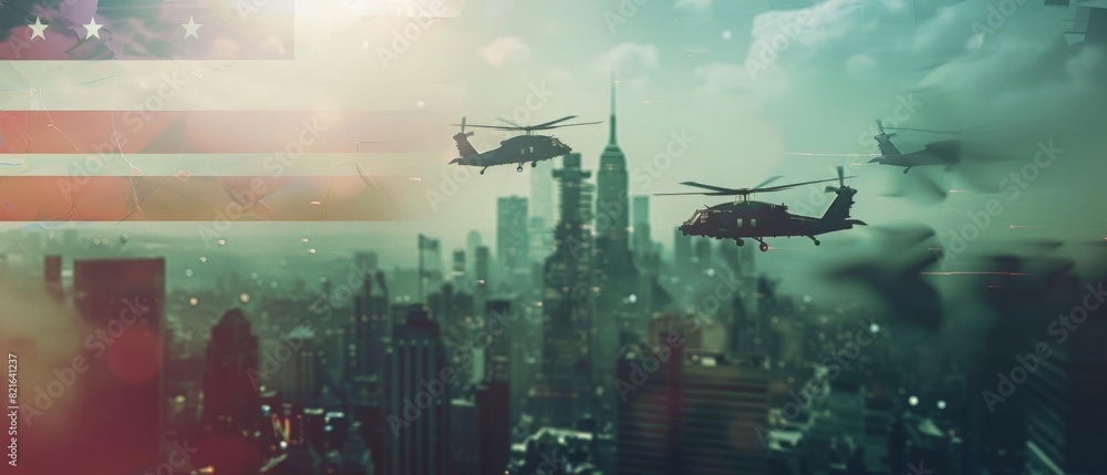 Military flyover during Memorial Day parade, close up, aerial tribute, realistic, Double exposure, city skyline backdrop Military flyover during Memorial Day parade, close up, aerial tribute, realistic, Double exposure, city skyline backdrop