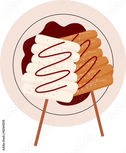 Sotteok or Korean Rice Cake Skewers. Vector illustration of traditional Korean street food rice cake skewers with sausage or Sotteok. Traditional korean street food rice cake skewers.  photo