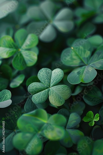 A close up of four green clovers. Concept of growth and renewal, as the clovers are fresh and vibrant