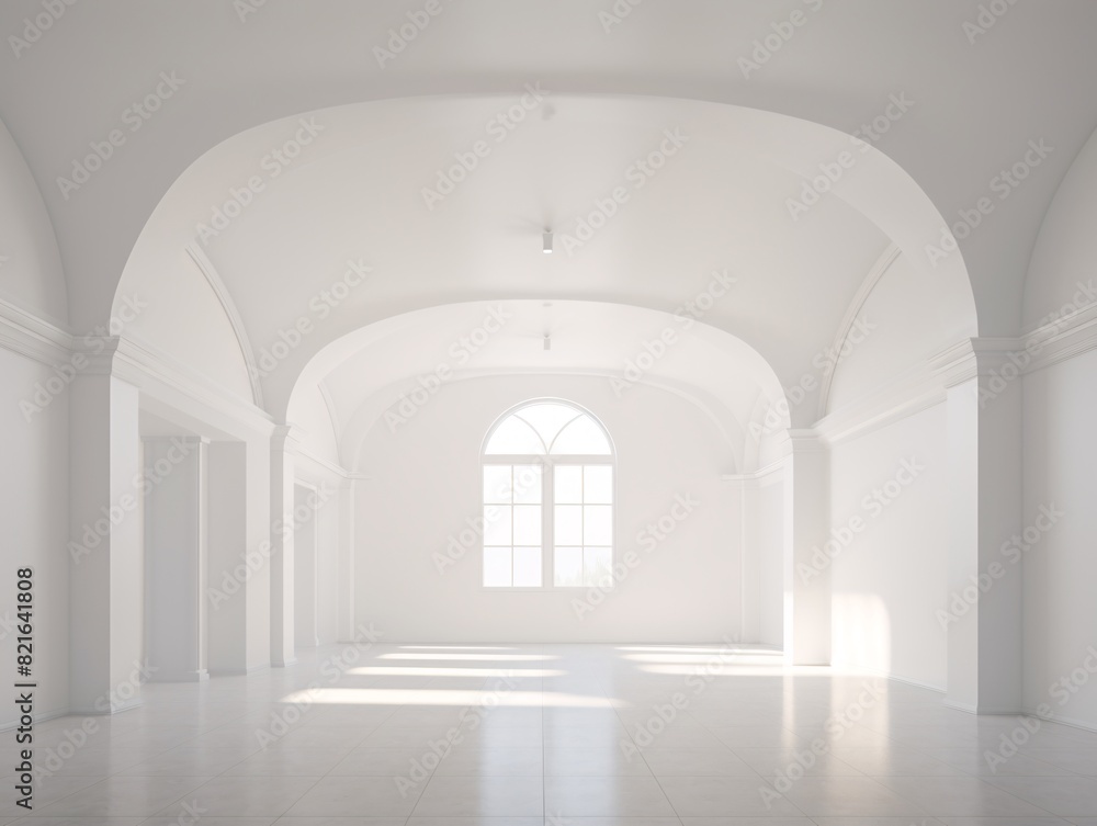 a white room with arched windows