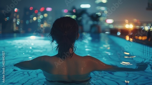 A woman is in a pool at night, looking at the camera