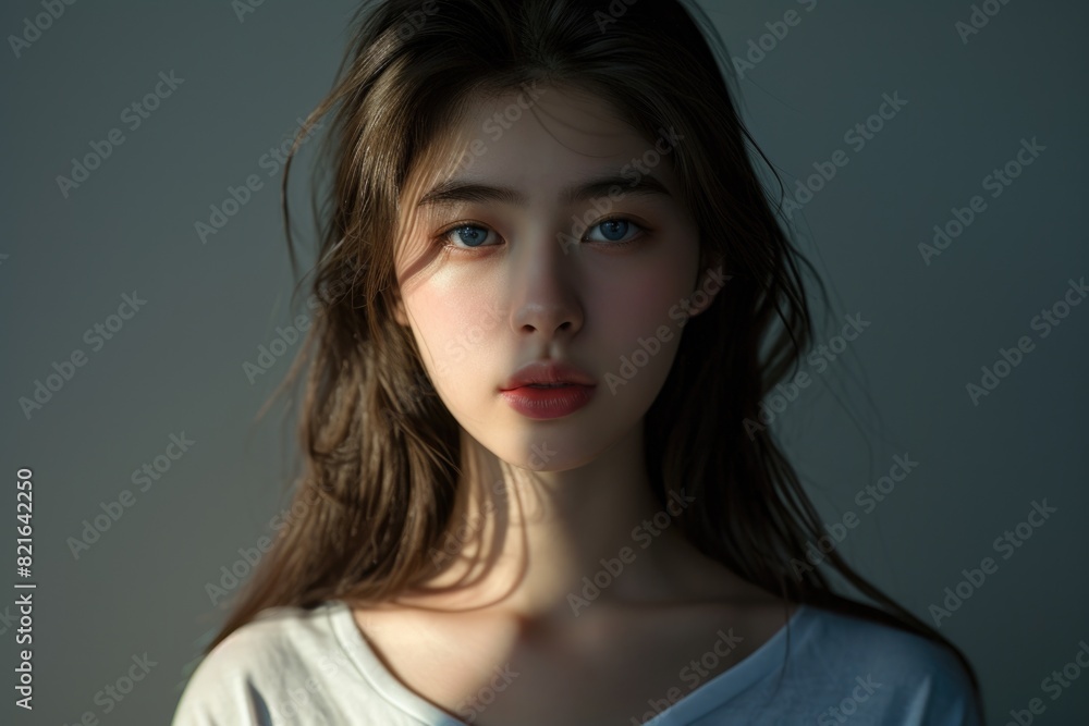 A woman with long brown hair and blue eyes is standing in front of a wall. She is wearing a white shirt and has a red lipstick on. The image has a calm and serene mood A woman with long brown hair and blue eyes is standing in front of a wall. She is wearing a white shirt and has a red lipstick on. The image has a calm and serene mood