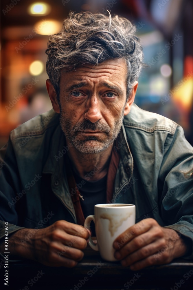 A man with a beard and gray hair is sitting at a table with a cup of coffee. He looks sad and is staring into the cup A man with a beard and gray hair is sitting at a table with a cup of coffee. He looks sad and is staring into the cup