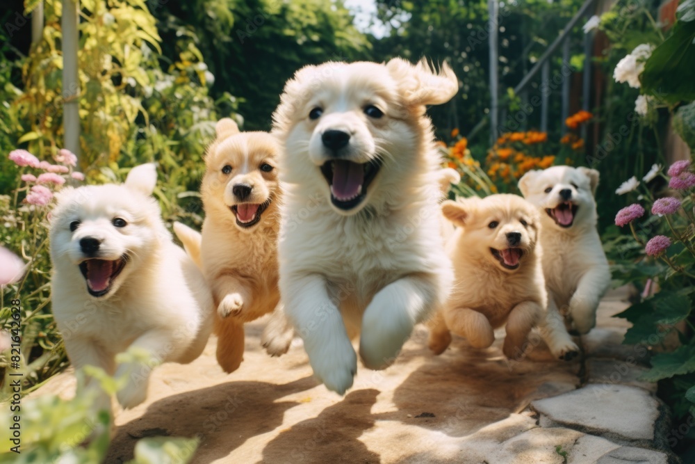 A group of puppies are running and playing in a garden. The puppies are all white and are running in a line A group of puppies are running and playing in a garden. The puppies are all white and are running in a line