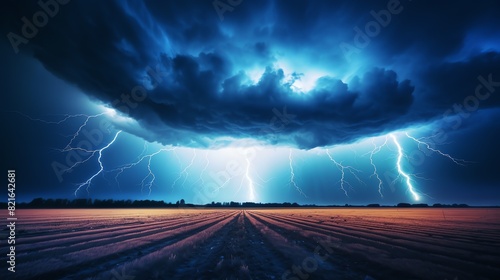 lightning striking over a field photo