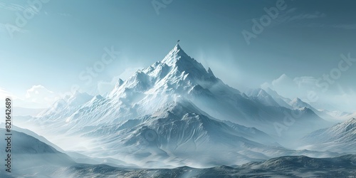 Isolated Mountain Peak with Triumphant Flag at the Summit Symbol of Conquest and Natural Serenity © Thares2020