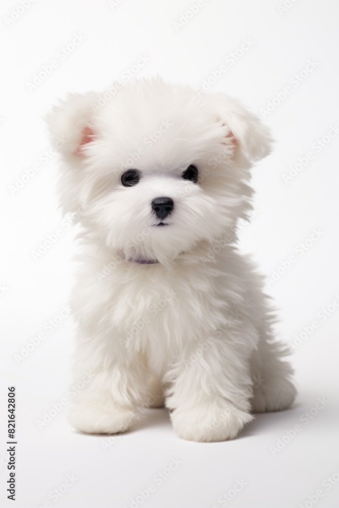 A white puppy is sitting on a white surface. The puppy is looking at the camera A white puppy is sitting on a white surface. The puppy is looking at the camera