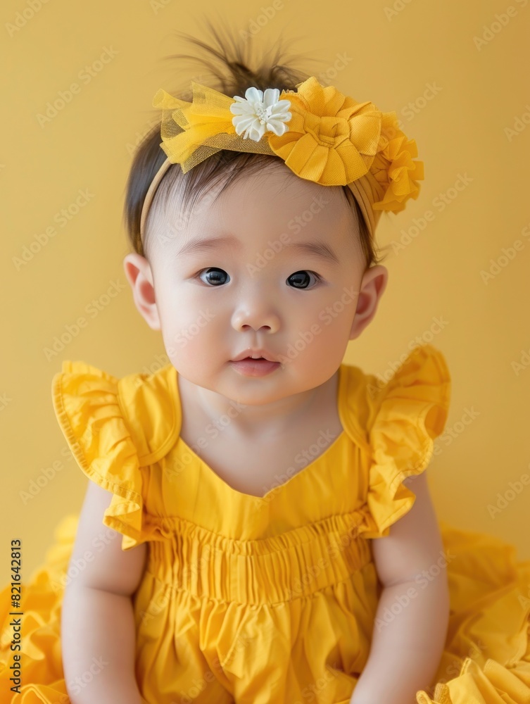 A baby girl is wearing a yellow dress and a yellow flower headband. She is sitting on a yellow background A baby girl is wearing a yellow dress and a yellow flower headband. She is sitting on a yellow background