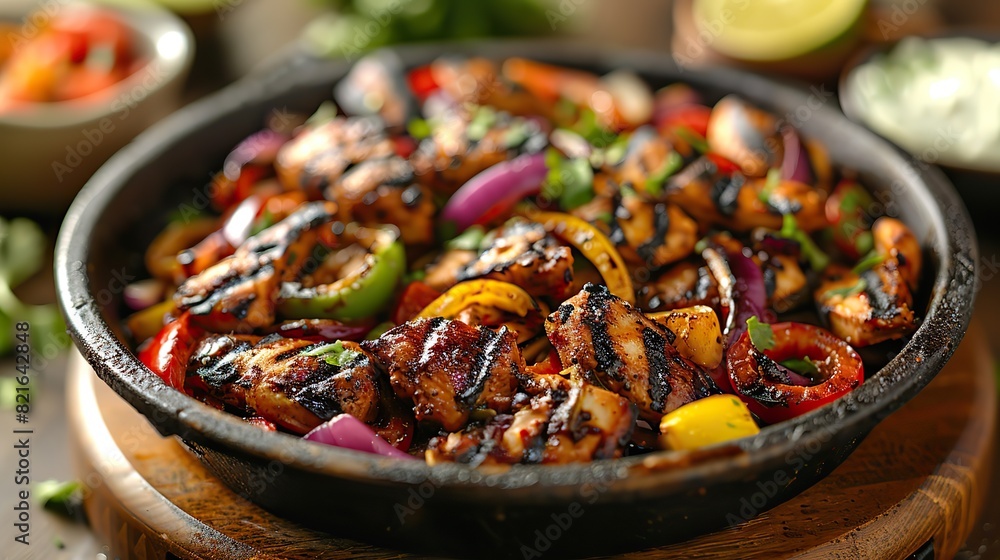 A sizzling skillet of fajitas with grilled chicken, peppers, and onions. A sizzling skillet of fajitas with grilled chicken, peppers, and onions.