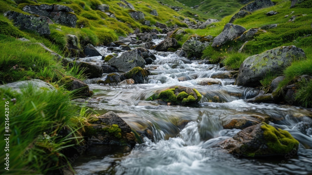 A stream of water flows through a rocky area with grass growing on the banks. The water is clear and the rocks are scattered throughout the area. The scene is peaceful and serene