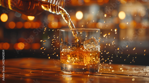 Pouring Whisky into Glass on Wooden Table Closeup  Whiskey Pour with Dramatic Lighting  Alcoholic Beverage in Tumbler  Bar or Pub Concept  Generative AI  