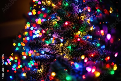 A Christmas tree with many lights on it. The lights are of different colors and are shining brightly