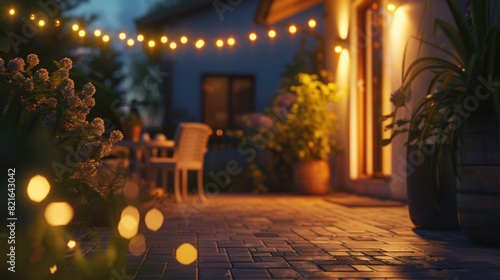 Wallpaper Mural A house with a patio and a brick walkway. The patio is lit up with lights and there are potted plants and a bench Torontodigital.ca