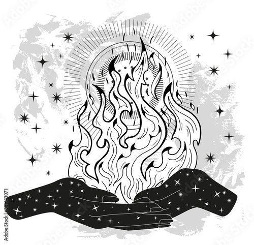 Hand drawn illustration with flame and witchy mystical symbols in hands of fortune teller or witch. Tattoo, poster or altar print design concept, esoteric, wicca and gothic background
