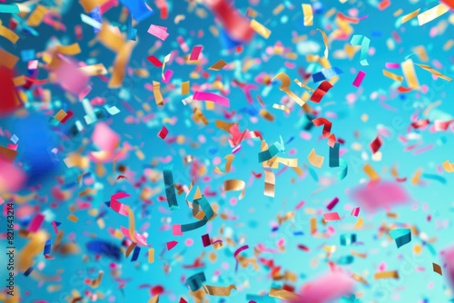 A colorful explosion of confetti is falling from the sky. The confetti is in various colors and sizes, creating a festive and celebratory atmosphere
