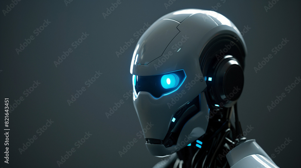 A humanoid robot with blue glowing eyes, set against a dark gray background A humanoid robot with blue glowing eyes, set against a dark gray background