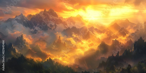 Captivating Sunrise Over Misty Mountain Peaks Bathed in Glowing Golden Light Serene Digital Painting Landscape