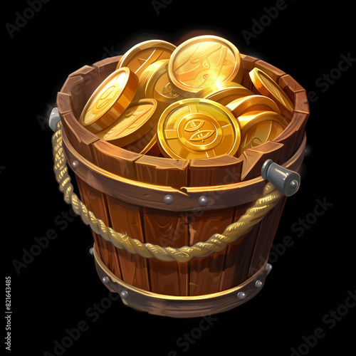 gold coin in a wooden bucket
3d video game icon