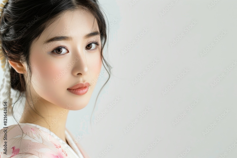 Naklejka premium Elegant Asian Woman in Traditional Kimono with Intricate Floral Patterns Studio Portrait with Serene Expression