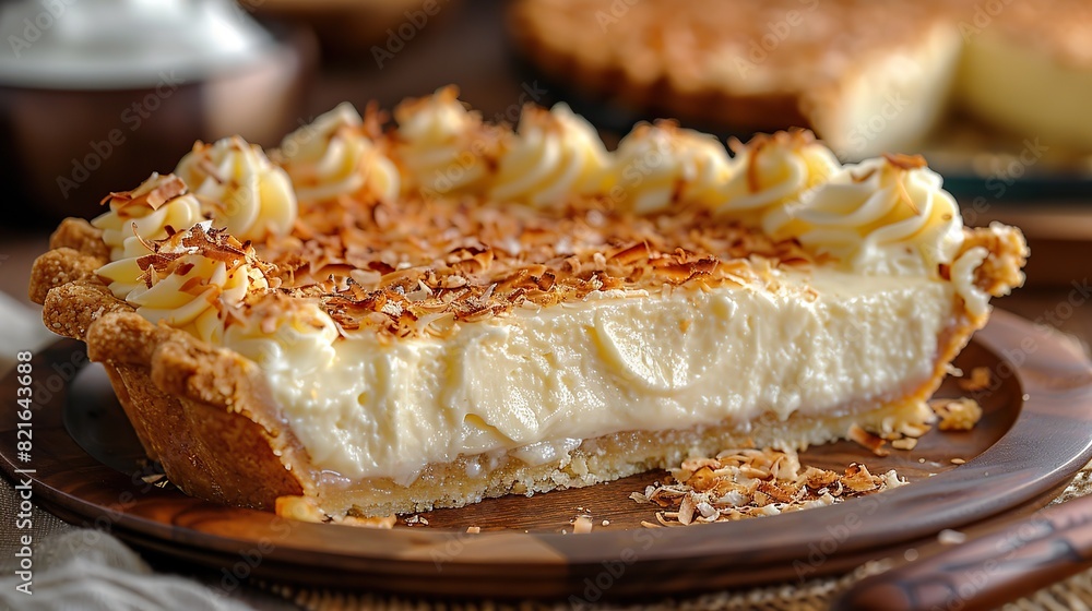 A slice of coconut cream pie with toasted coconut flakes.