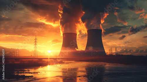 a nuclear power plant with smoke coming out of it photo