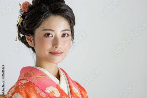 Elegant Asian Woman in Traditional Kimono with Intricate Floral Patterns Studio Portrait with Serene Expression