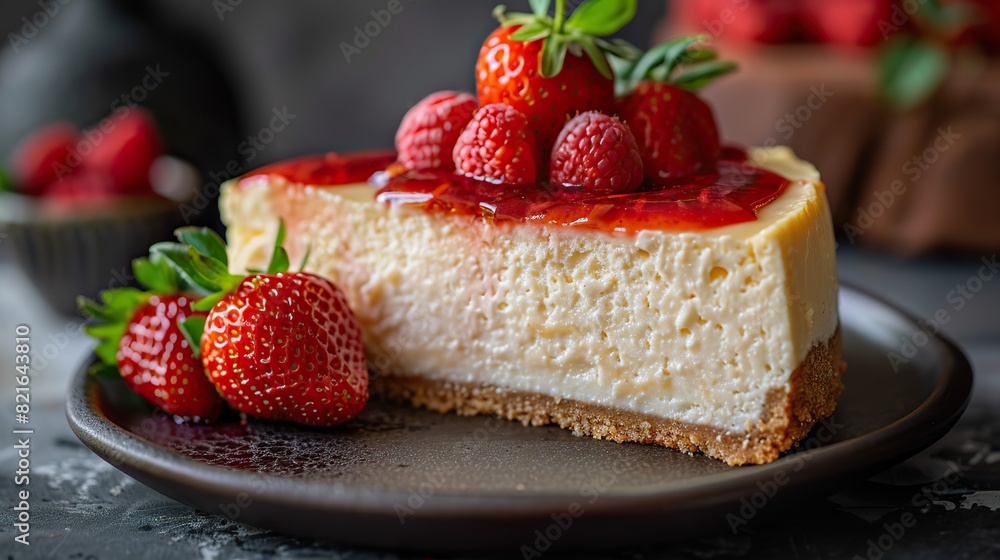 A slice of New York cheesecake with a strawberry topping. A slice of New York cheesecake with a strawberry topping.