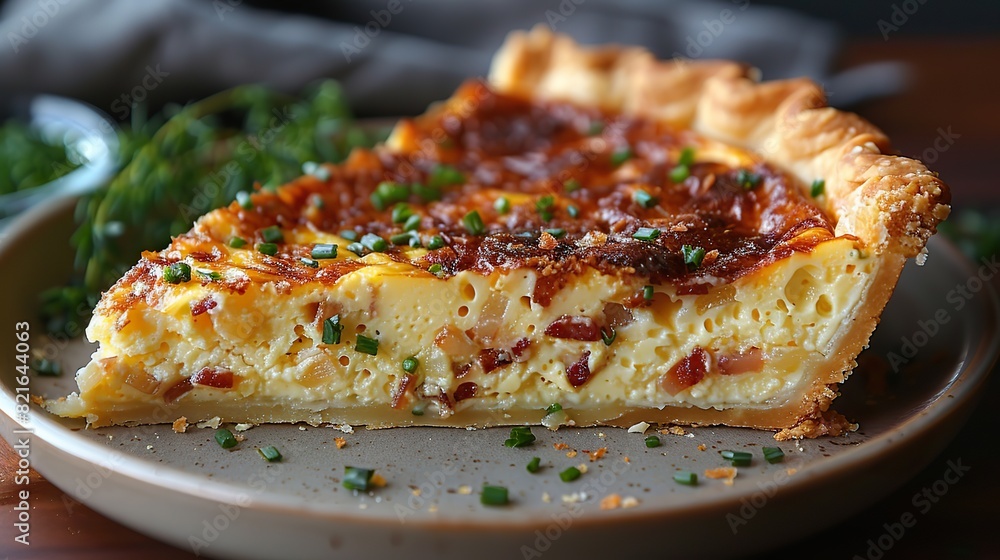 A slice of quiche Lorraine with a flaky crust and savory filling. A slice of quiche Lorraine with a flaky crust and savory filling.