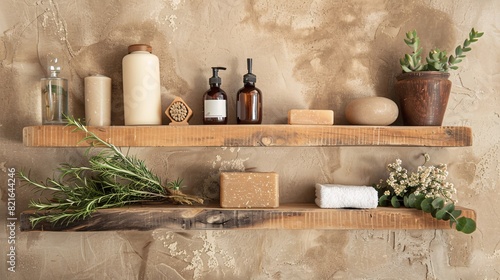 Rustic Bathroom Shelf With Assorted Handmade Soaps and Natural Accessories