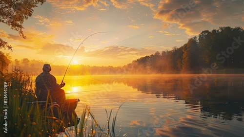 A senior man fishing at a quiet lake during sunrise, enjoying solitude and peace.