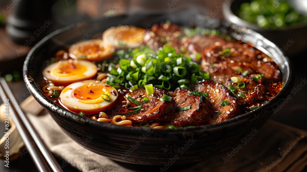 A steaming bowl of ramen with slices of pork, boiled eggs, and green onions. A steaming bowl of ramen with slices of pork, boiled eggs, and green onions.