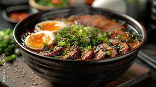 A steaming bowl of ramen with slices of pork, boiled eggs, and green onions.