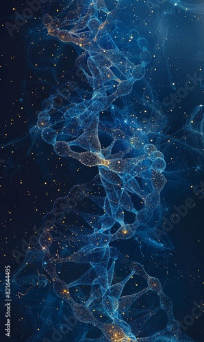 DNA system network with neon light illuminate. on dark blue background.