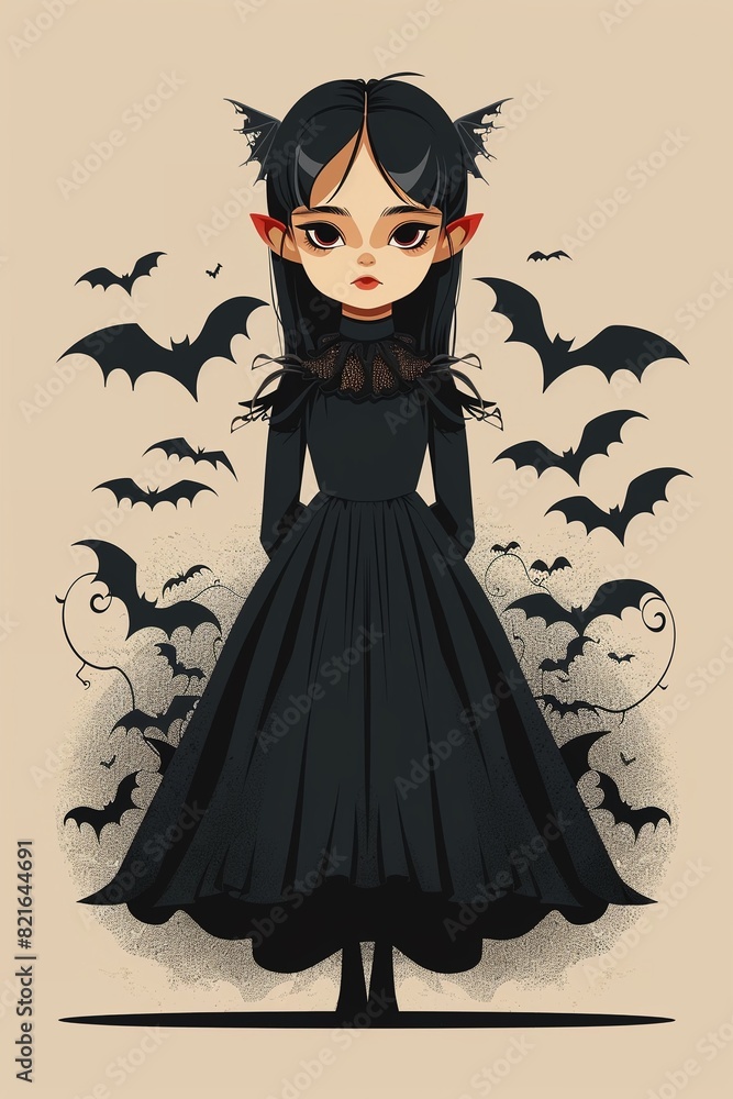 Cute vampire girl in a gothic dress flat design front view whimsical terror theme cartoon drawing Cute vampire girl in a gothic dress flat design front view whimsical terror theme cartoon drawing