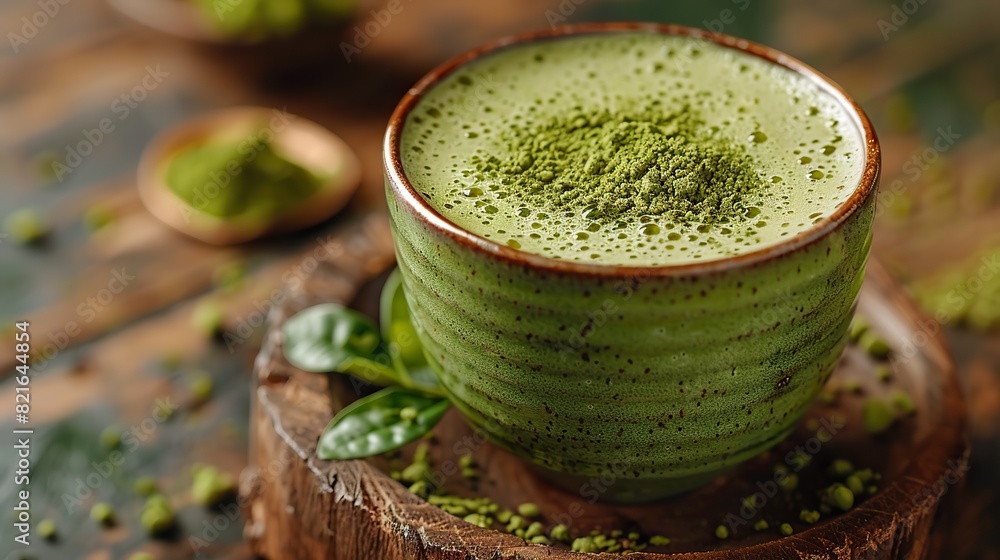 A traditional Japanese matcha latte prepared with whisked matcha powder and steamed milk, creating a frothy and flavorful drink. A traditional Japanese matcha latte prepared with whisked matcha powder and steamed milk, creating a frothy and flavorful drink.