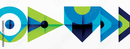 The design features a striking blue and green geometric pattern with arrows pointing in opposite directions, showcasing symmetry and a dynamic composition