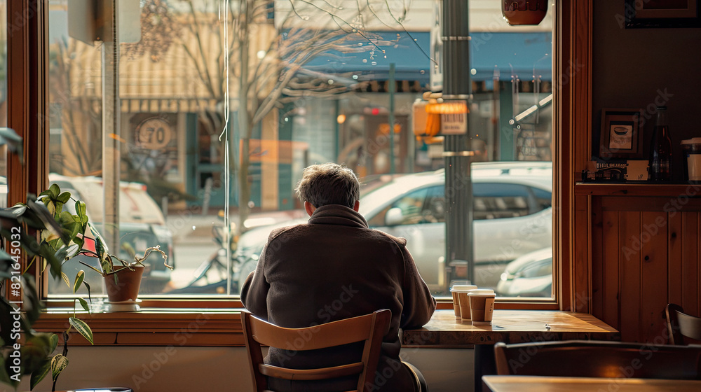An autistic adult in a cozy coffee shop, gazing out the window with a warm drink in hand, reflecting a calm moment. An autistic adult in a cozy coffee shop, gazing out the window with a warm drink in hand, reflecting a calm moment.