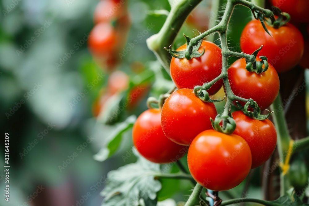 Red tomatoes on a branch in a greenhouse closeup Ripe tomatoes growing on a branch in a greenhouse, AI generated