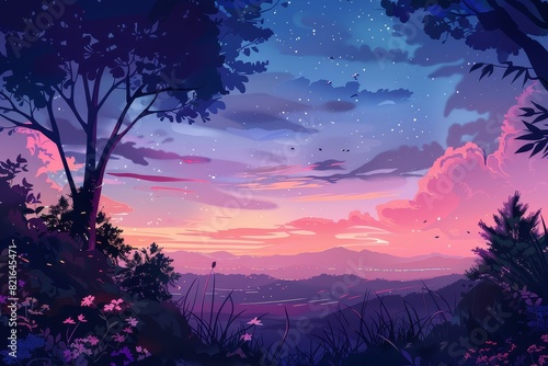 nature anime illustration lofi  copy space  vector  lofi pink and dark color --ar 3 2 Job ID  e79c198e-0d09-4de5-a498-4e12656e3da1