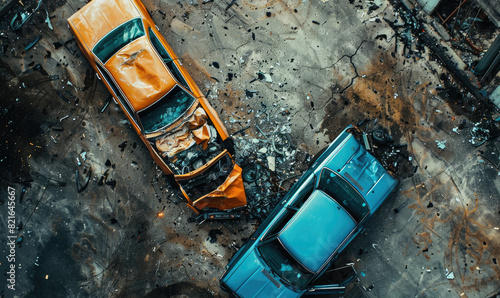 Two cars were in an accident, one is orange and the other blue